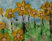 Flower Painting Daisies Floral Art Blue Green Yellow