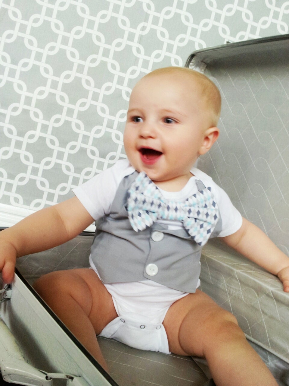 Baby boys/ little man harlequin onesie , white onsie. Great for little man birthday, wedding, photography props, family photos