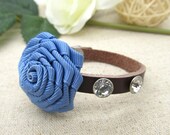 Blue Roses Bracelet   Fashion cuff leather bracelet made by black leather cord and textile   Bangle LB462