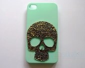 Handmade Retro style Antique copper Skull with Mint green phone case for iPhone 4 4S cover
