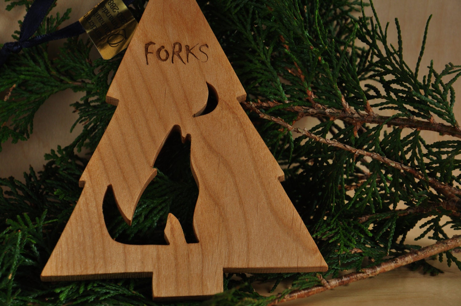 Forks Twilight Theme, Tree with Wolf Howling at Moon Cutout Ornament, Laser Engraved "Forks", Solid Alder Wood - For Any Occasion
