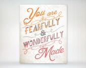 8x10 art print - Fearfully & Wonderfully Made - Orange - Pink Playful Typography Nursery/Playroom Poster Print - Psalm Scripture Bible Verse