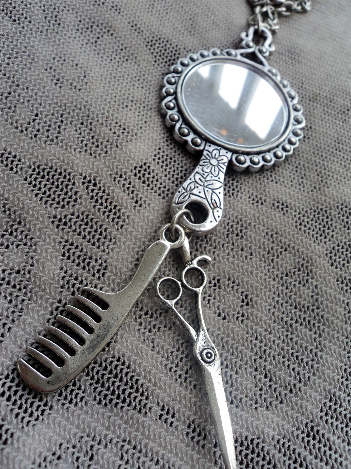 Hair Stylist Scissor Mirror and Comb Charm Necklace