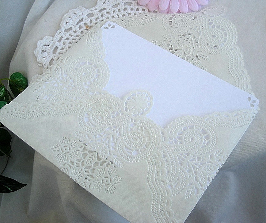 Vintage Doily Paper Lace Envelopes & Cards Handmade, White, Wedding Invitation Liner, Tea, Shabby Chic, 10 Piece Set