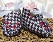Newborn Baby Booties - Black and White Houndstooth with Hand Embroiderey