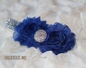 Holiday Ready Beautiful Royal Blue Chiffon Rosette Rhinestone Center Sparkle Glitter Silver Gray Stretech Headband