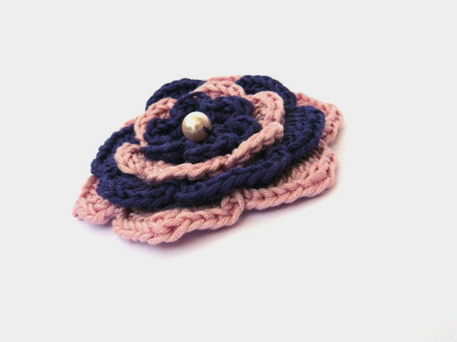 Crochet flower brooch, pink, blue, clothes accessory, woman