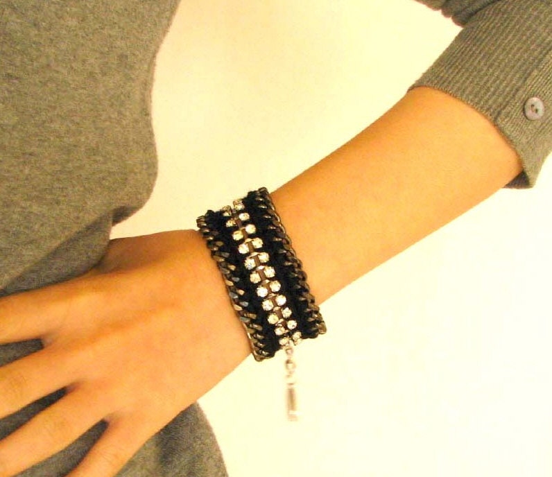 Chunky rhinrstone Bracelet-Black ,Silver