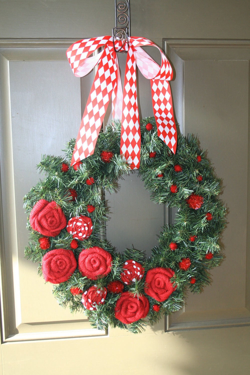 Christmas Pine Wreath/Burlap and Fabric Flowers/Roses