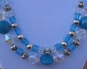 Blue Crystal Double Strand Beaded Necklace, Blue and Silver Beaded Jewelry, Silver Beaded Necklace