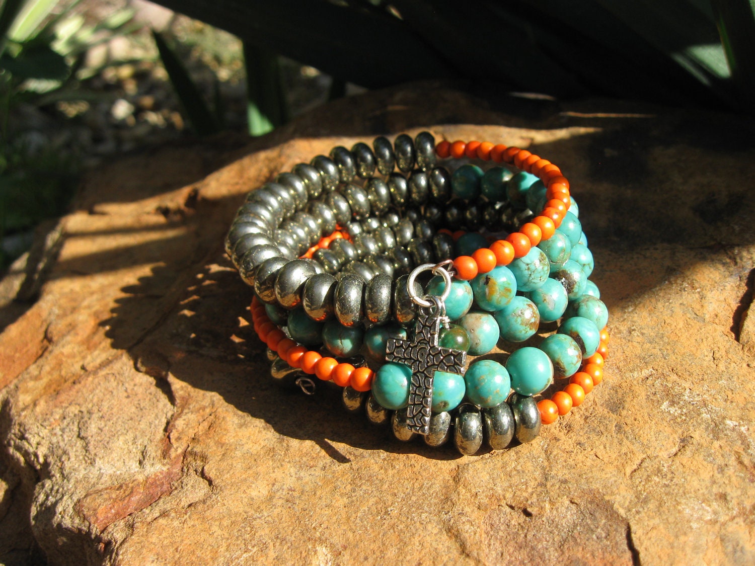 African Turquoise and Pyrite Memory Wire Wrap Bracelet