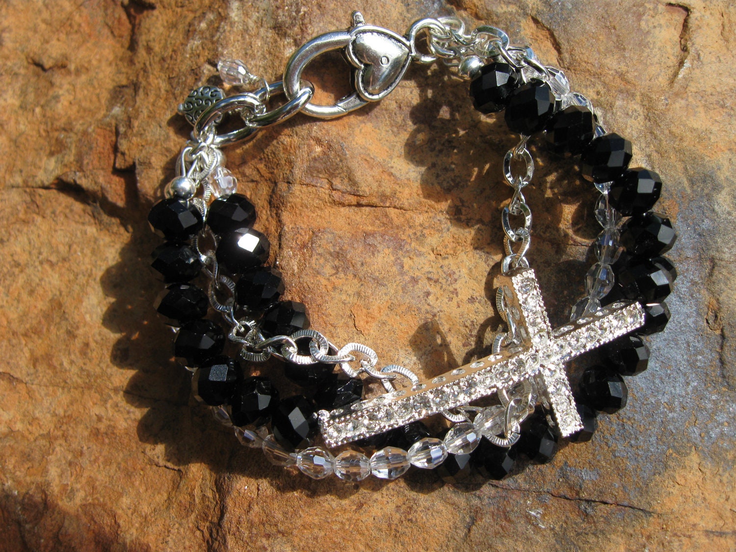 MIDNIGHT...Black crystal Multi-strand Rhinestone Sideways Cross Bracelet