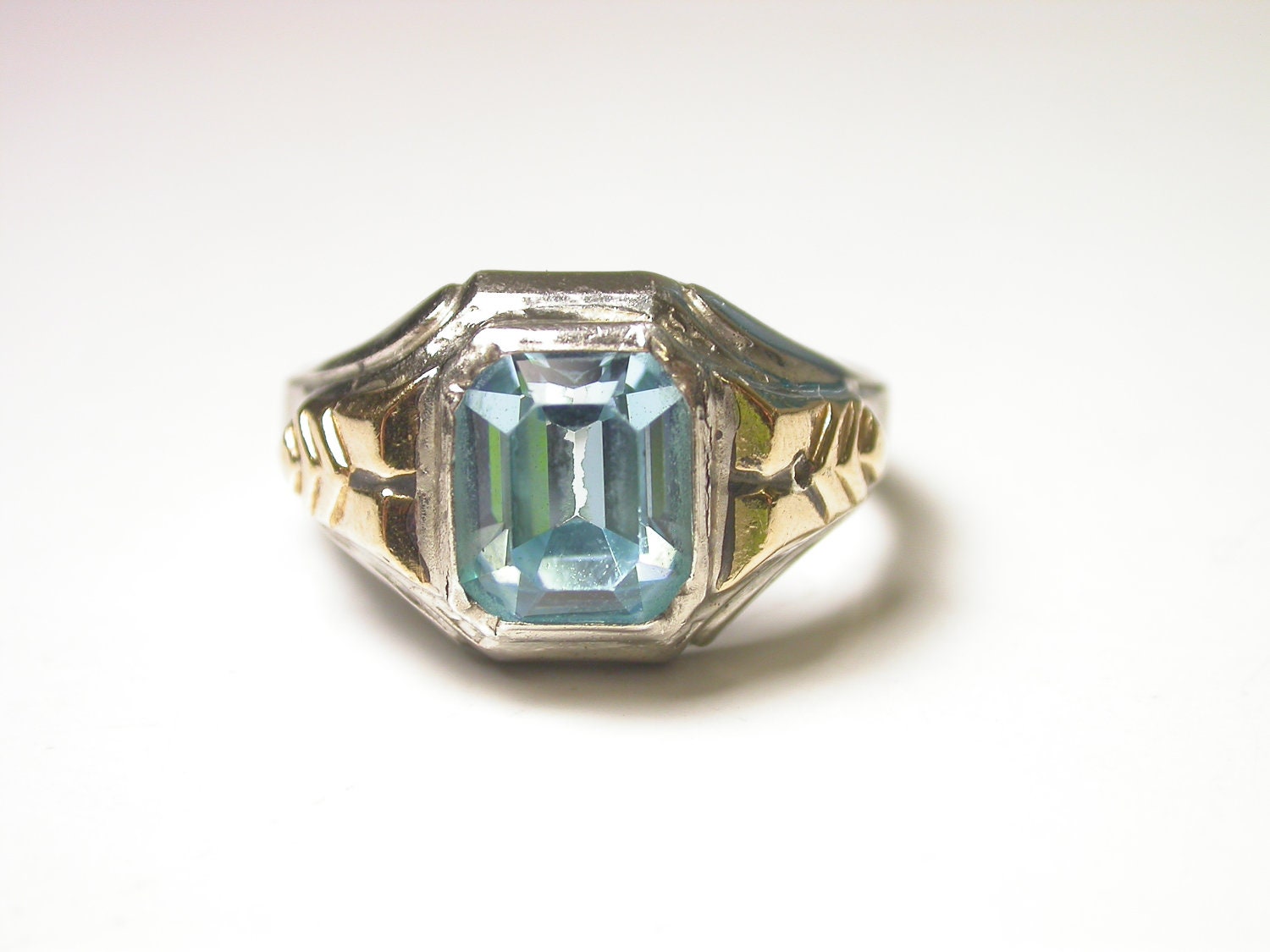 10k Yellow Gold Sterling Silver Blue Glass Ring Size 10