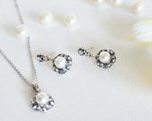 art deco clear crystal swarovski pearl rhinestone tibetan silver plated necklace earring post wedding bridal bridesmaids jewelry set gift