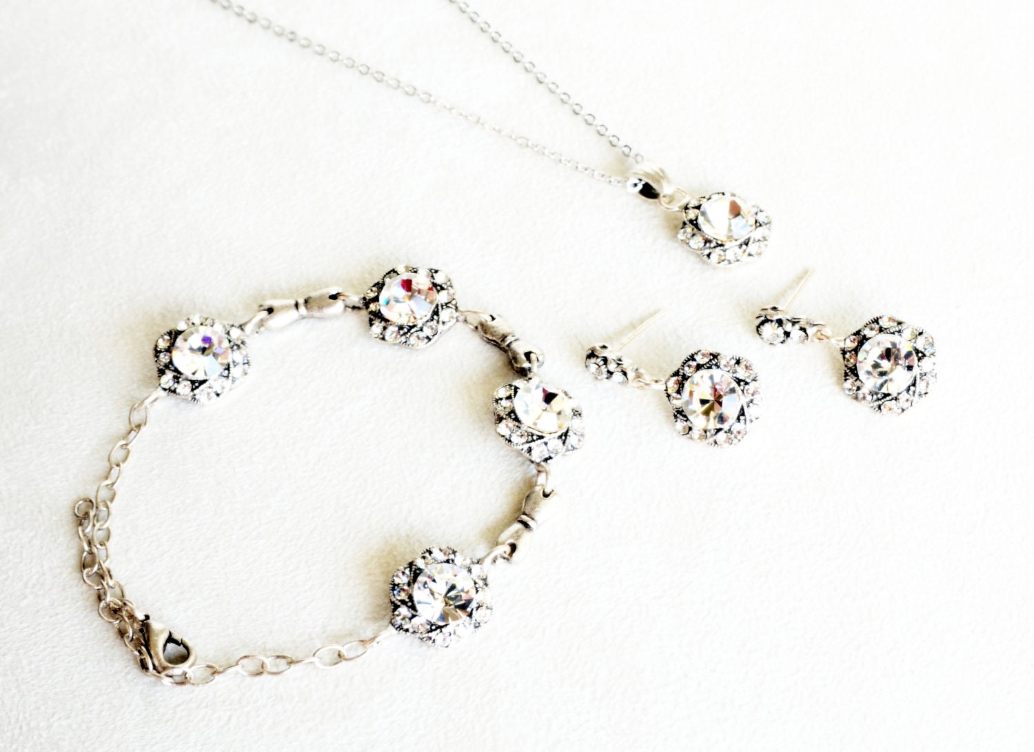 art deco clear crystal swarovski rhinestone necklace earrings bracelet wedding bridal jewelry bridesmaids jewelry set gift