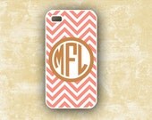 Personalized iPhone case - Monogram chevron Coral golden brown - monogrammed Iphone 5 cover, Iphone 4s iphone 4 plastic or silicone (9876)