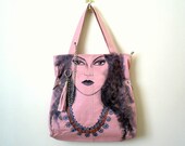 Large Leather Tote Bag - Shopper Bag in Pink, Hand painted purse EARRING