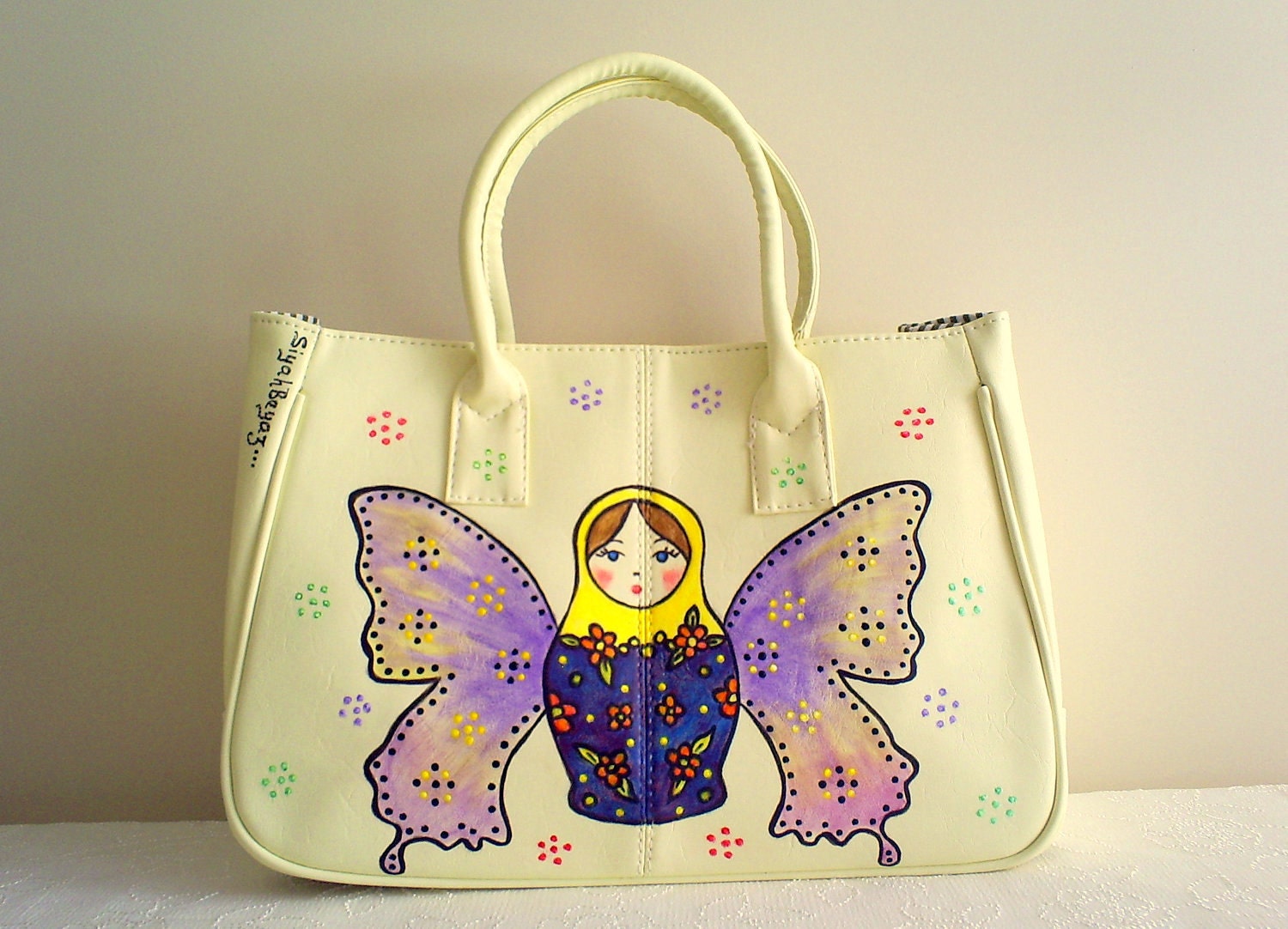 PURPLE BABUSHKA Hand painted light yellow handbag