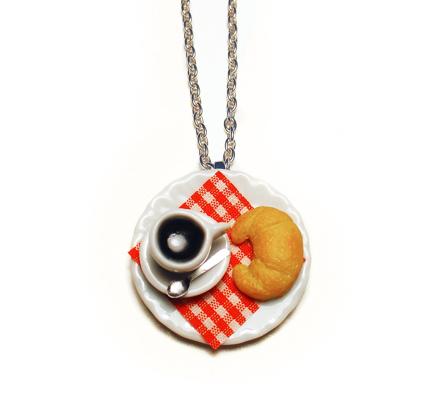 Coffee Cup and Croissant Necklace Miniature Food Jewelry, Miniature Food Necklace, Dollhouse Miniature Jewelry
