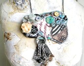 Statement necklace steampunk jewelry, wearable art, aqua blue whimsical jewelry, textile jewelry, upcycled tribal women accessories, textile