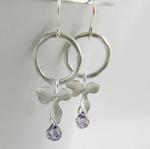 Amethyst Earrings,  Orchid Flower Earrings, Silver Hoop Earrings, Small Hoop Earrings, Purple Earrings