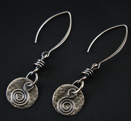 Sterling Silver  Earrings - Hammered Round Discs and Swirls