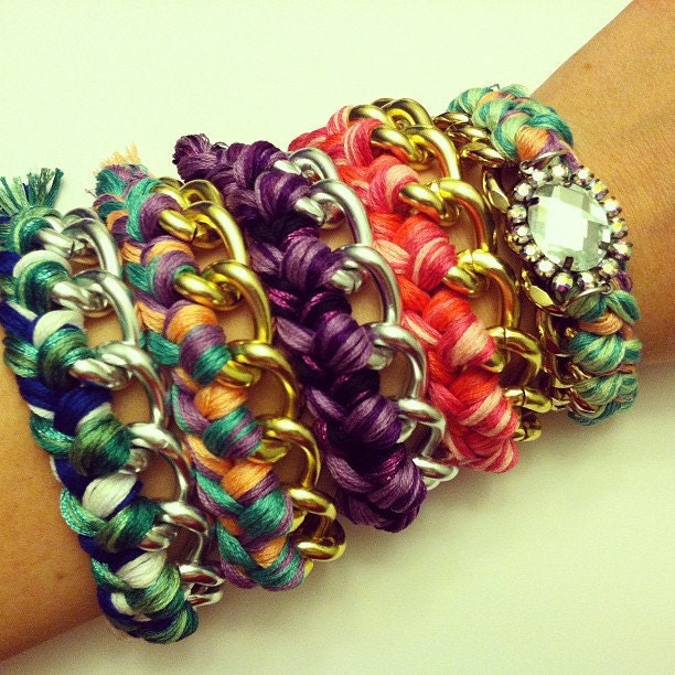 Custom Chain Bracelet gold or silver braided with any color embroidery floss, silver chain bracelet, gold chain bracelet, bangle