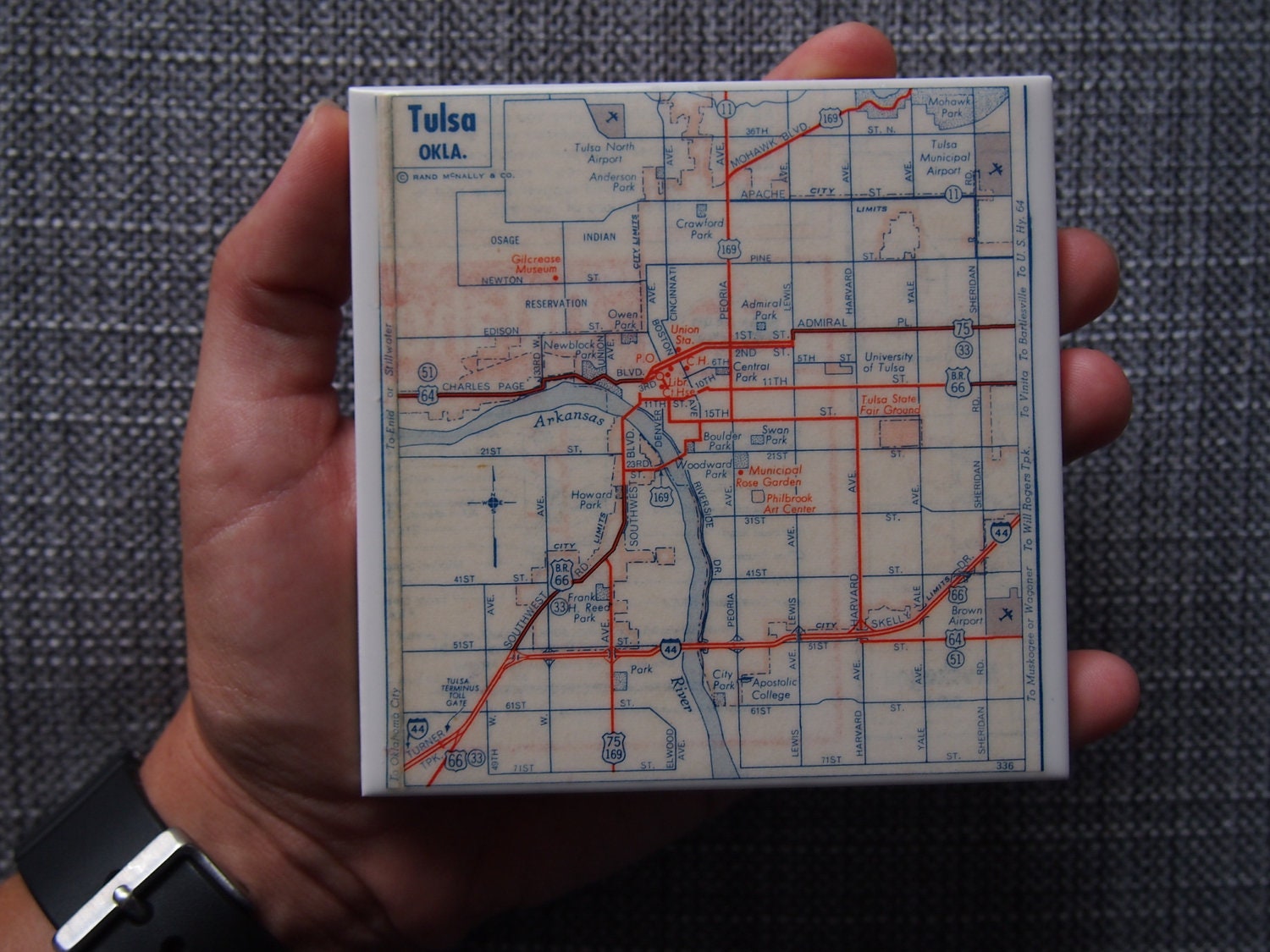 Tulsa Oklahoma Handmade Vintage Map Coaster - Ceramic Tile Coaster - Repurposed Vintage American Oil Company Road Map OOAK