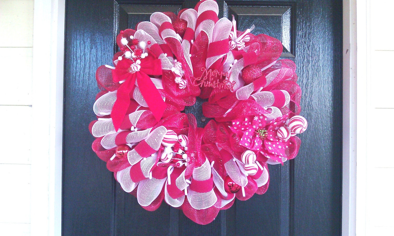 Deco Mesh Christmas Wreath with Red and White Peppermints Medium 24"