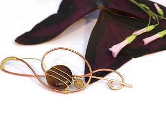 Handmade Fine Copper Shawl Pin - Elegant Swirls with Earthy Tone Semi Precious Stones