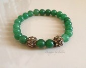 Dark Green Aventurine Jade Gemstone Beaded Bracelet with Pave Rhinestone Spacers
