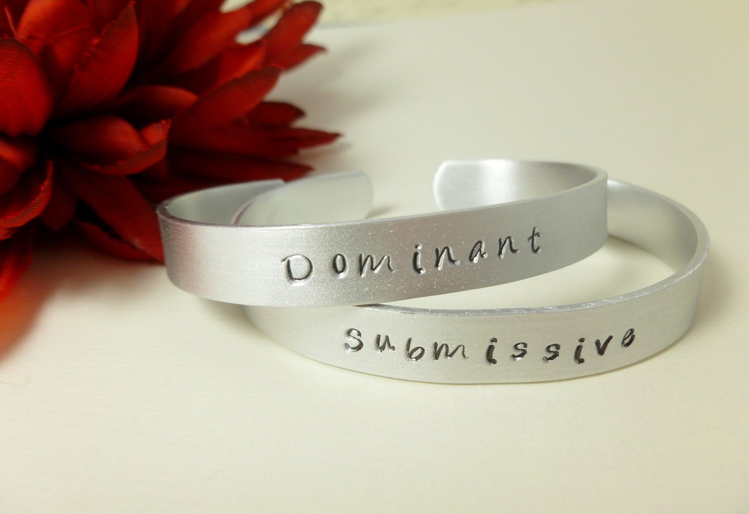 2 Hand Stamped Cuff Bracelets Inspired By Fifty Shades of Grey Dominant and Submissive