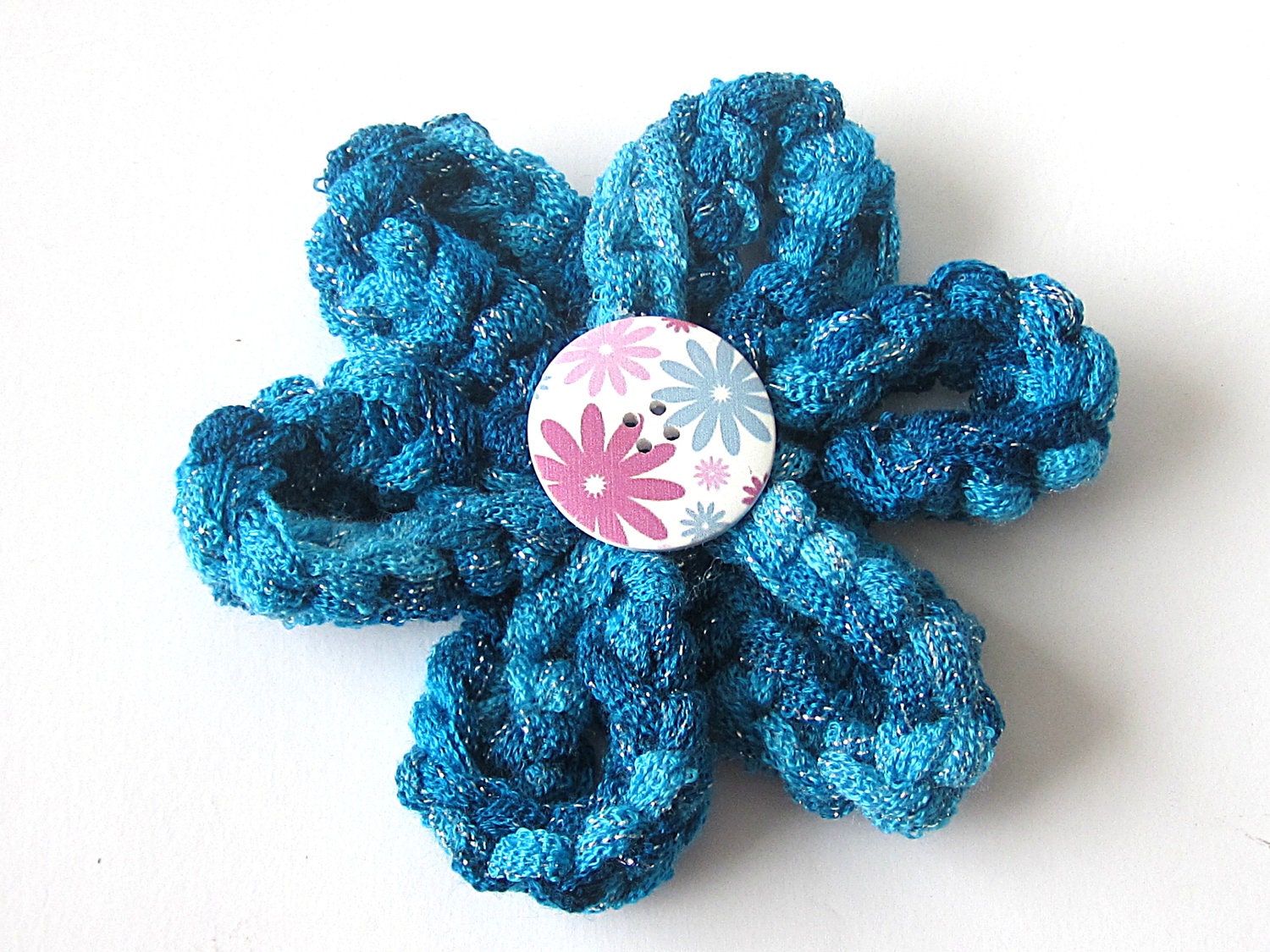 Blue Knitted Corsage, Teal Yarn Flower, knitted Accessory,