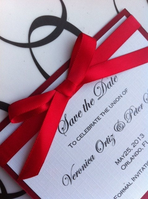Elegant red ribbon Save the Date for all events: wedding, anniversary & birthday.