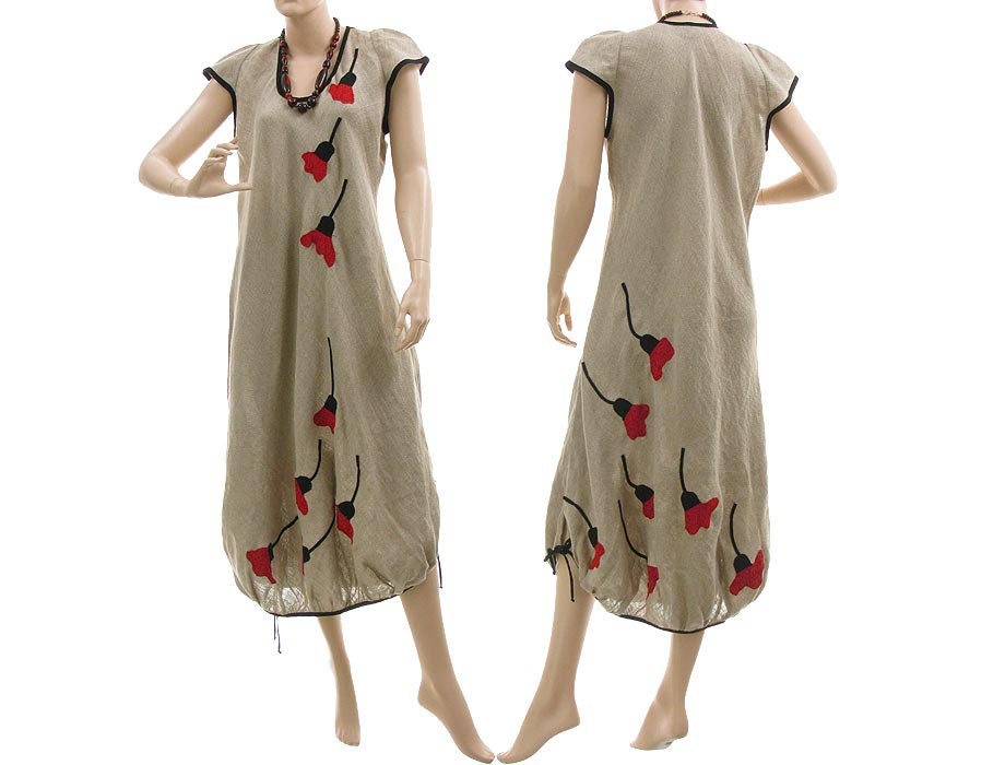 Artistic linen dress, balloony shape, gathered hem / lagenlook for plus size women large / dark nature with poppy flowers