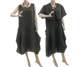 Linen artistic dress with bolero jacket in black / bulgy balloon shape / lagenlook for plus size women / extra large XL