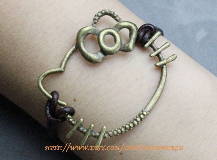 Antique Bronze Hello Kitty Bracelet Brown leather Bracelet Charm Bracelet -N617