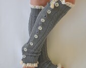 Grey cable knit slouchy open button down lace leg warmers knit lace leg warmers boot socks valentines day gifts birthday gifts - bstyle