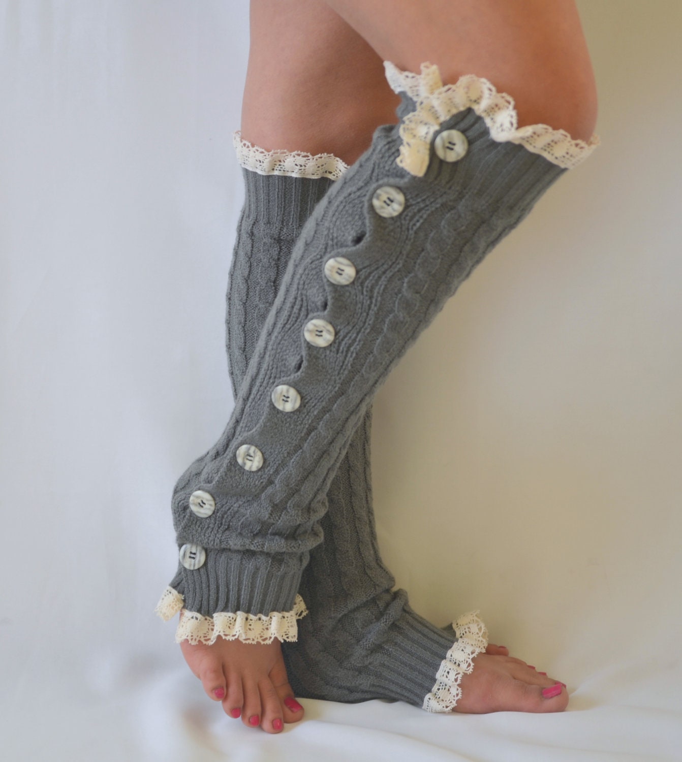 Grey cable knit slouchy open button down lace leg warmers knit lace leg warmers boot socks valentines day gifts birthday gifts - bstyle