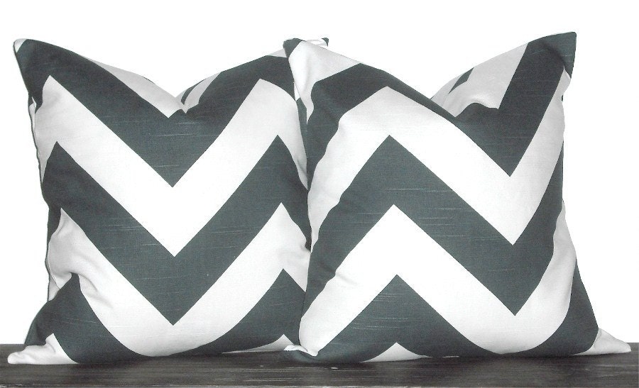 Set of 16" Chevron Zig Zag Pillows- 16 x 16 Inch Charcoal and White Chevron Pillow Covers - TWO PILLOW COVERS