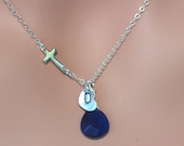 Sideways cross necklace with initial ,horizontal cross necklace, Sterling Silver Cross necklace.Gemstone Sideway Cross Initial Necklace.
