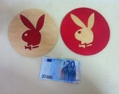 Two round tables playboy red or black wood with saw fretwork