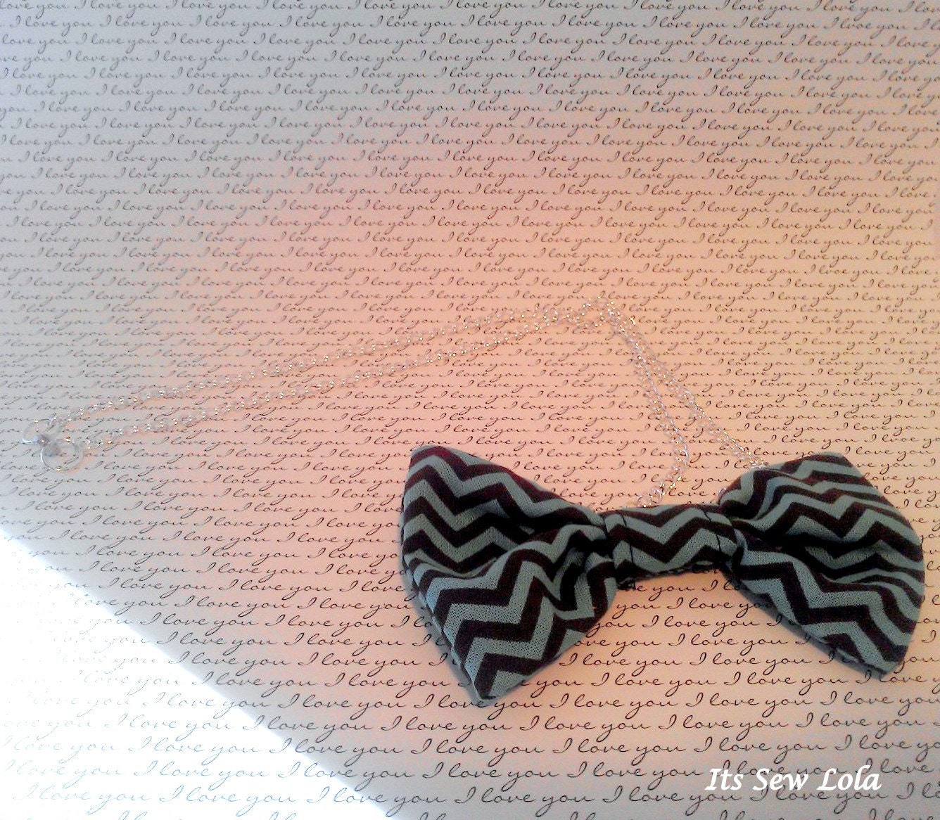 SALE Teal and Brown Chevron- Bowtie Necklace - Silver Chain - Handmade