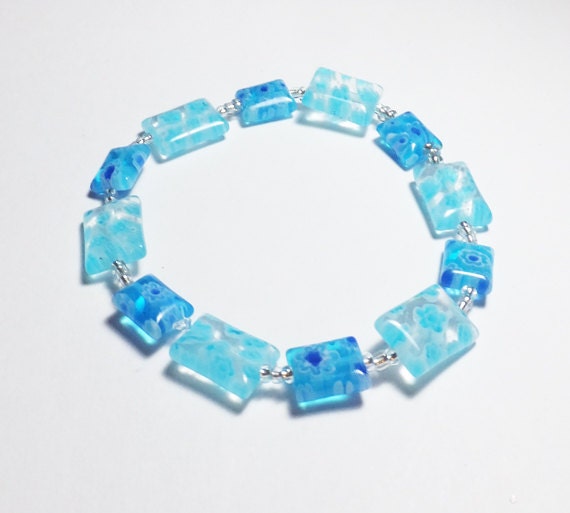 Light and Dark Aqua Rectangle Millefiori Glass Beadwork Stretch Bracelet