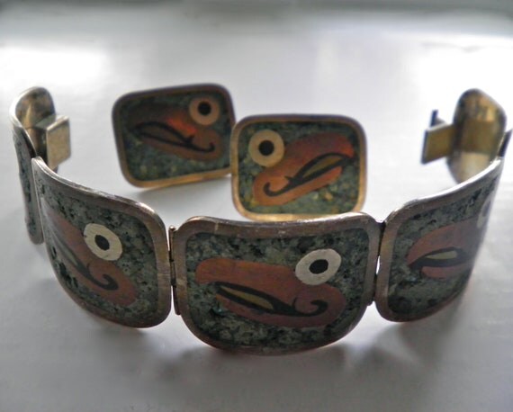 RESERVED Taxco Mexico early Vintage Sterling Silver 925 with Copper Bracelet Earrings Set