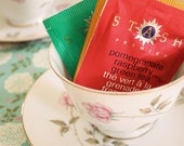 Tea Party Gift Set - Vintage Tea Cups /// Tea Napkins /// Assortment of Teas