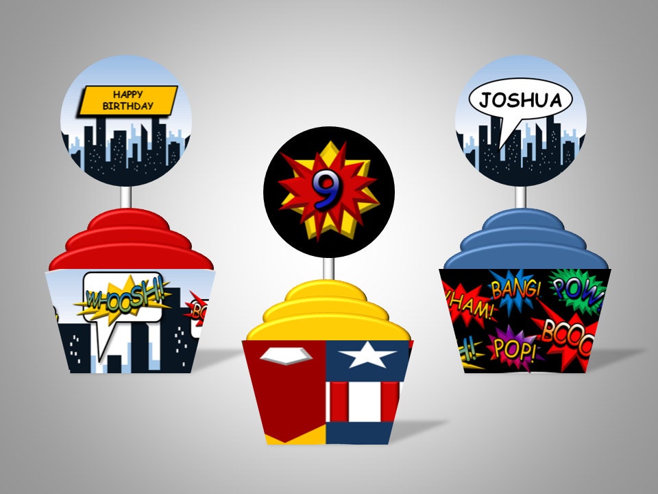 SuperHero Comic Book Cupcake Wrappers & Toppers - Personalized With Name and Age - DIY Printable Party Decorations Il_570xn