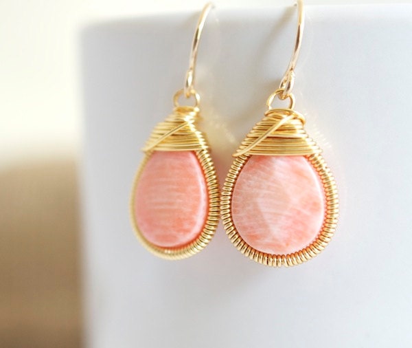 Coral Dangle Earrings,  Wire Wrapped Earrings,  Bezel Set Earrings, Small Earrings