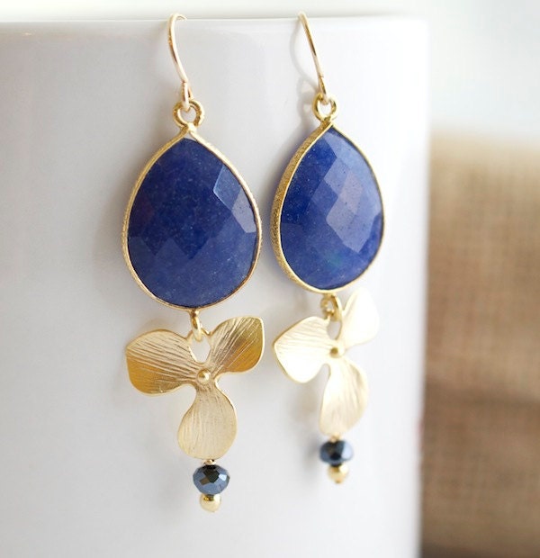Blue Onyx Earrings, Blue Dangle Earrings, Bezel Set Earrings, Bridal Jewelry