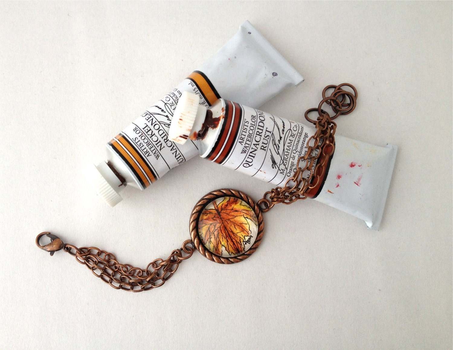 Autumn Leaf - Wearable Artwork Bracelet - Original Watercolor Painting - One of a Kind